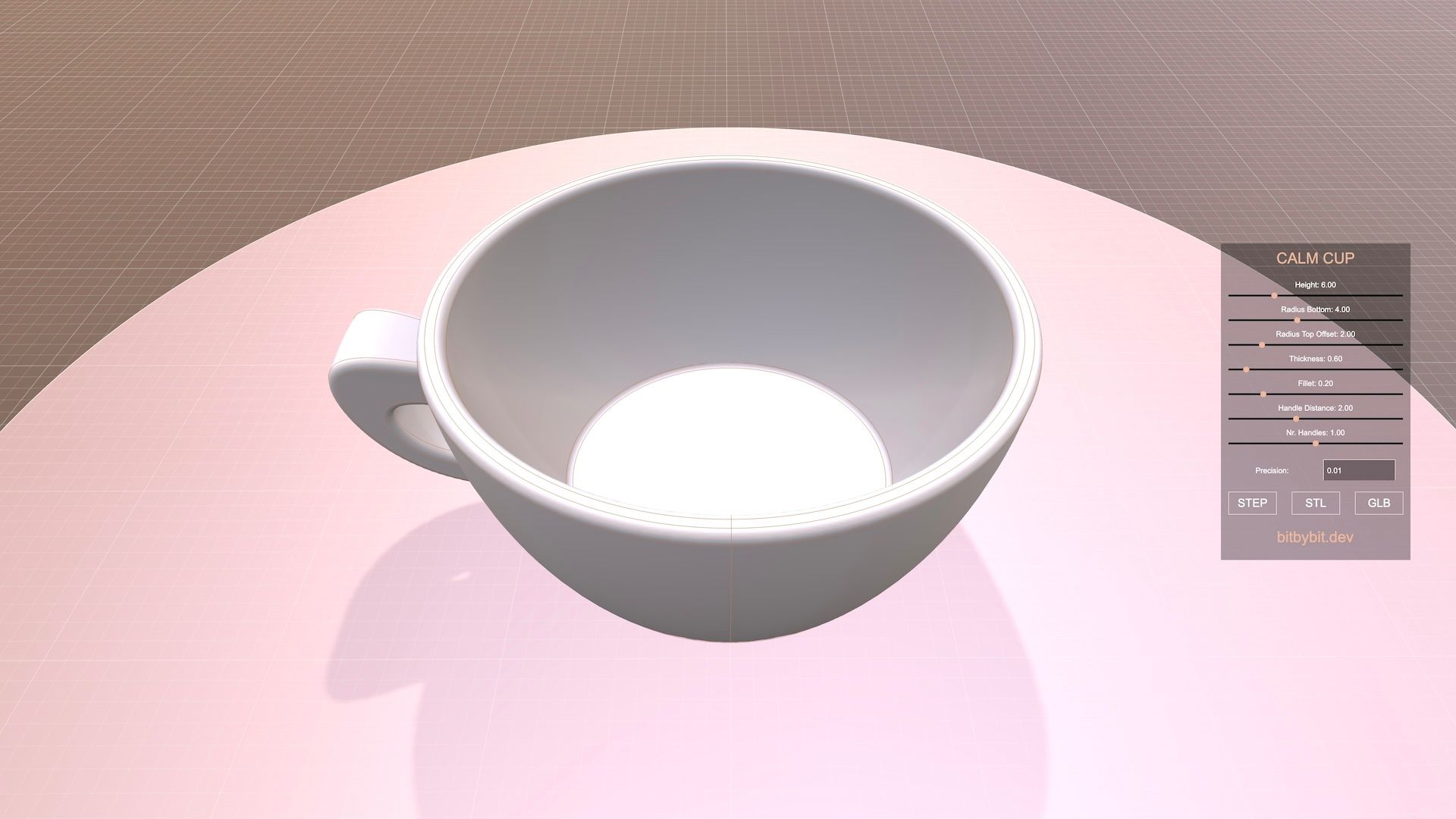 calm cup 3D model default configuration shown from higher angle