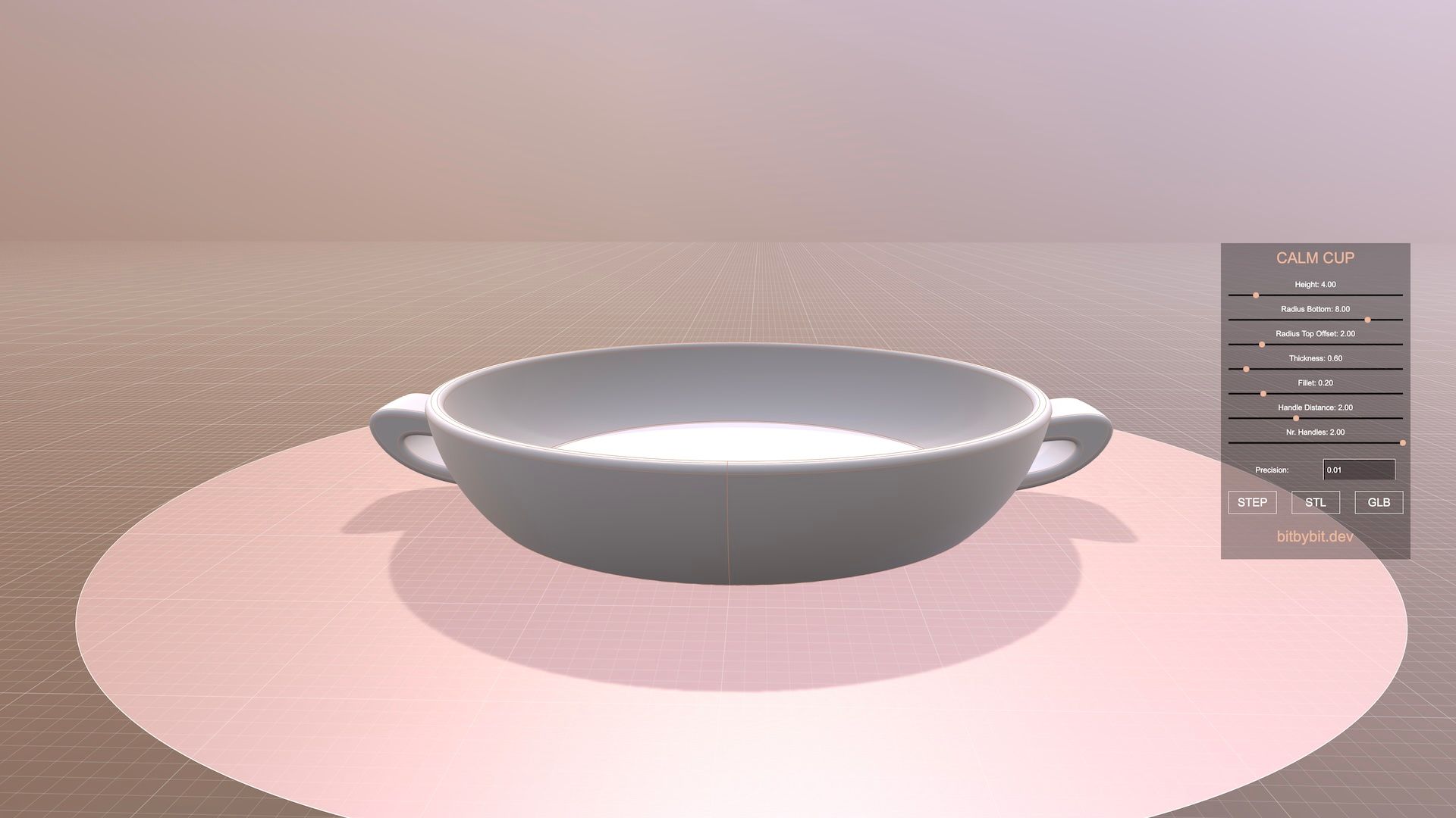 short height calm cup 3D model variant with two handles and a wide base