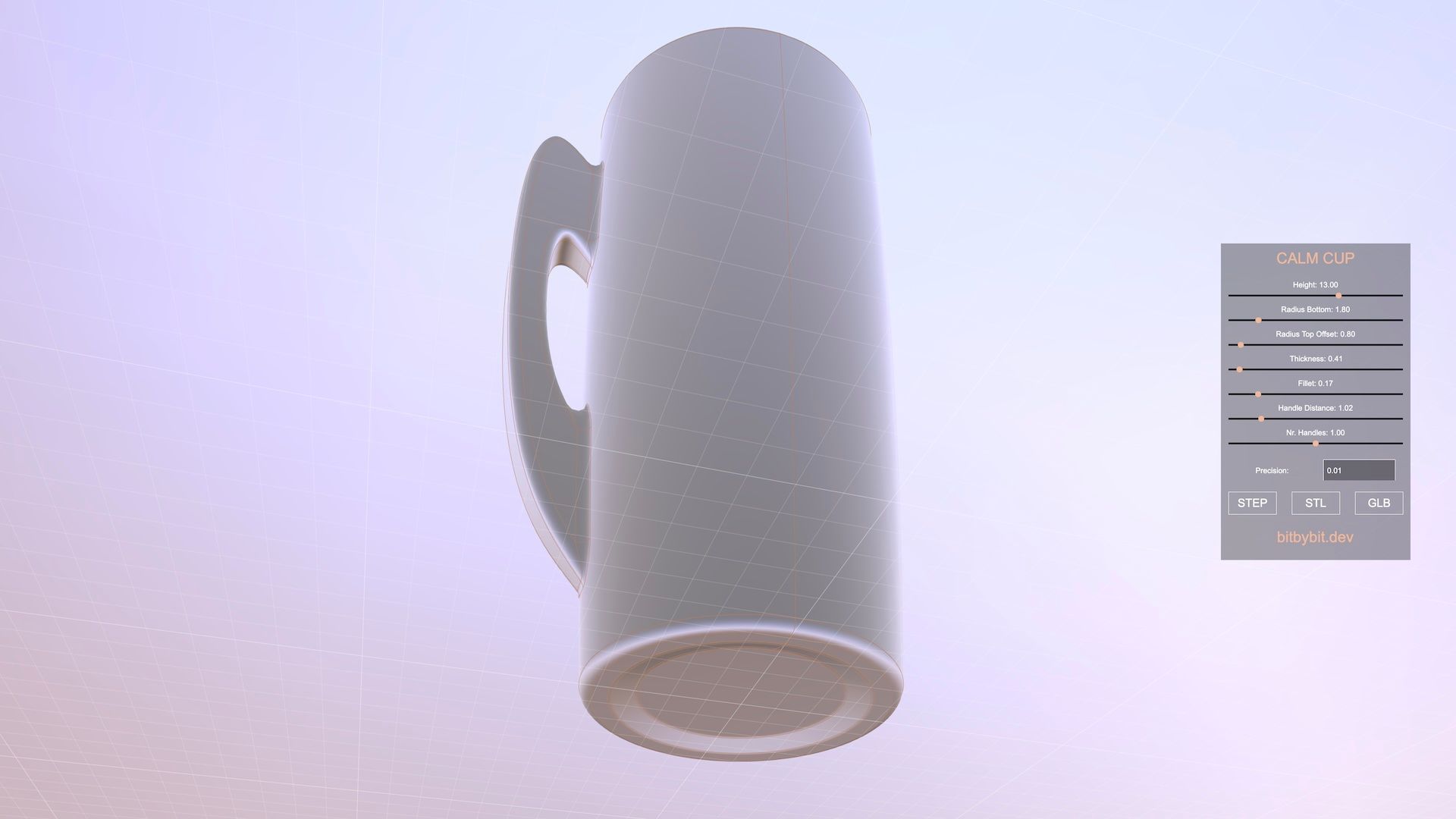 very tall cup 3D model variant shown from bottom upwards