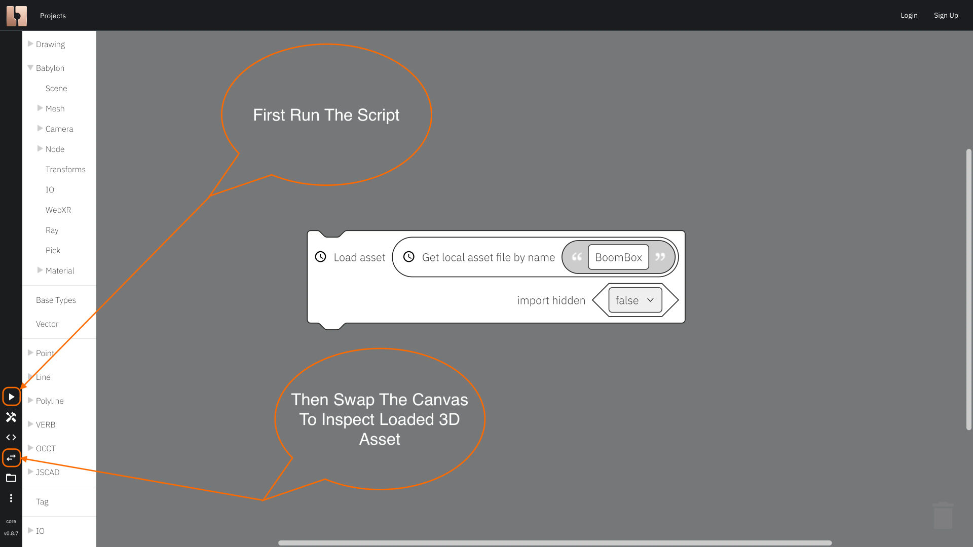 Image showing how most basic script of loading glb asset to scene should look like