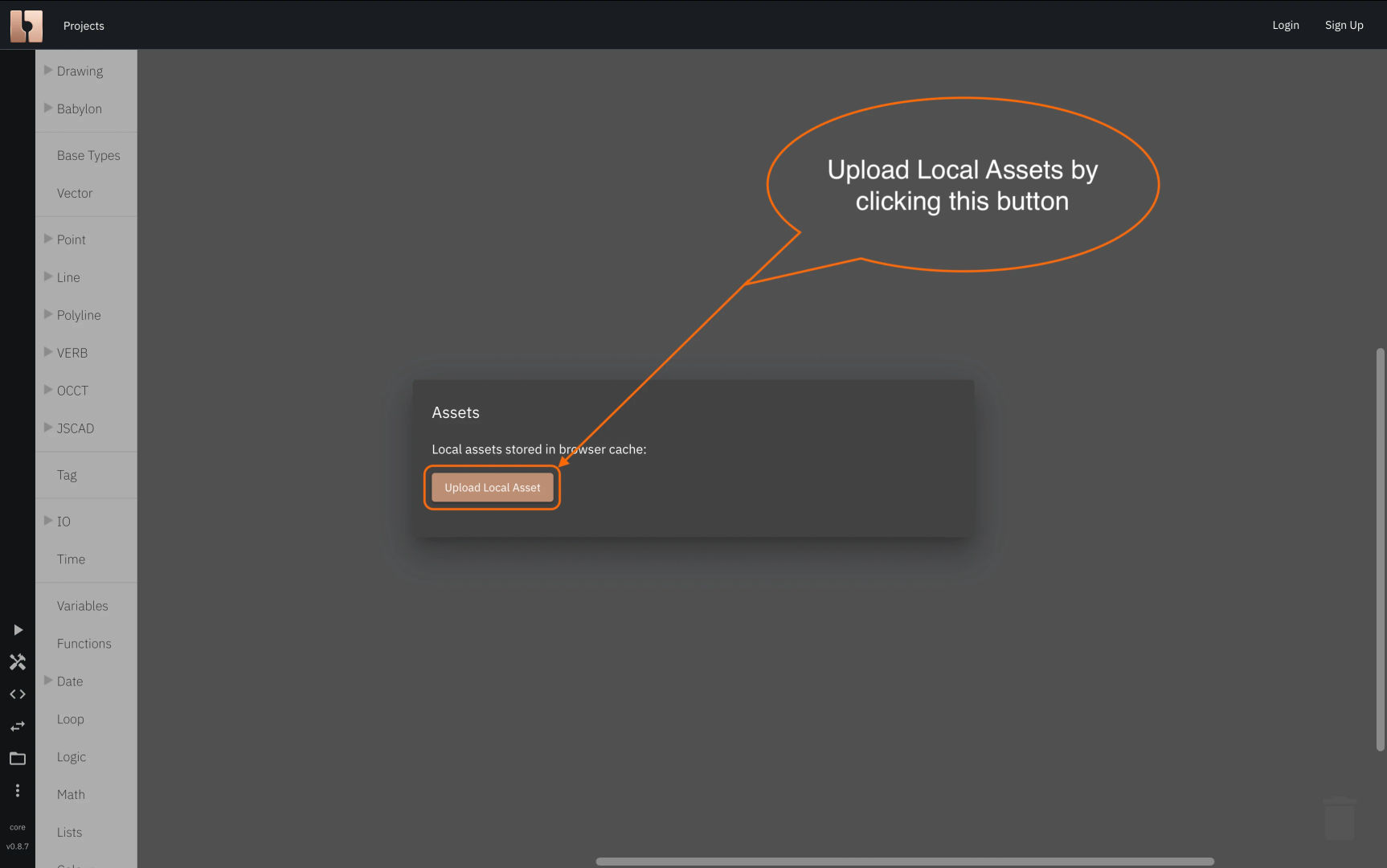Image showing the button to upload local assets