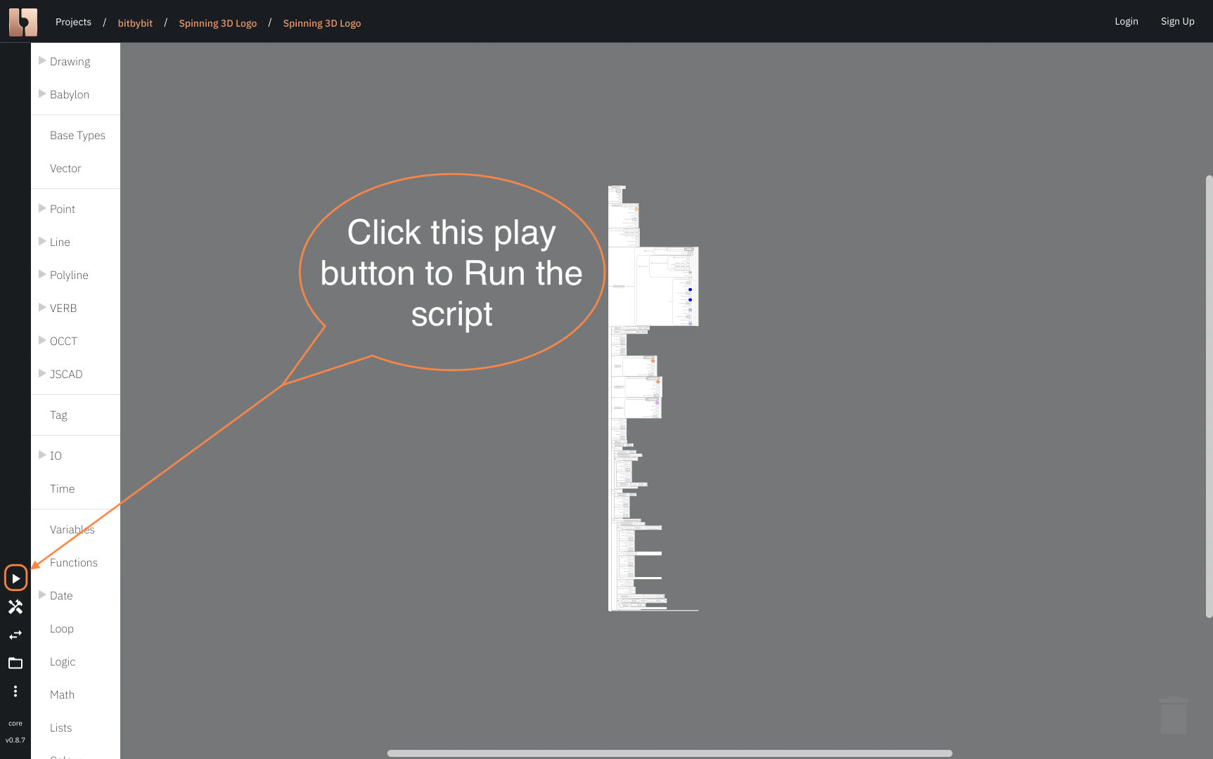 Picture shows how to run Bit by bit developers blockly based script