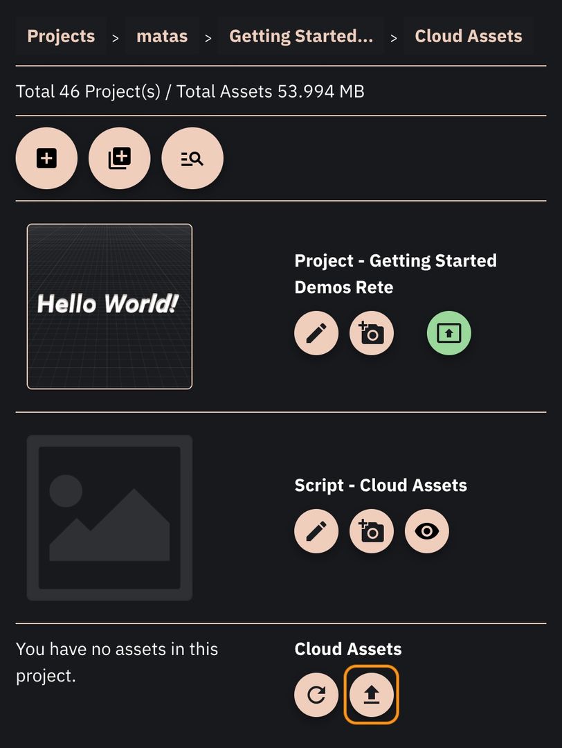 Image showing the button to upload the cloud asset