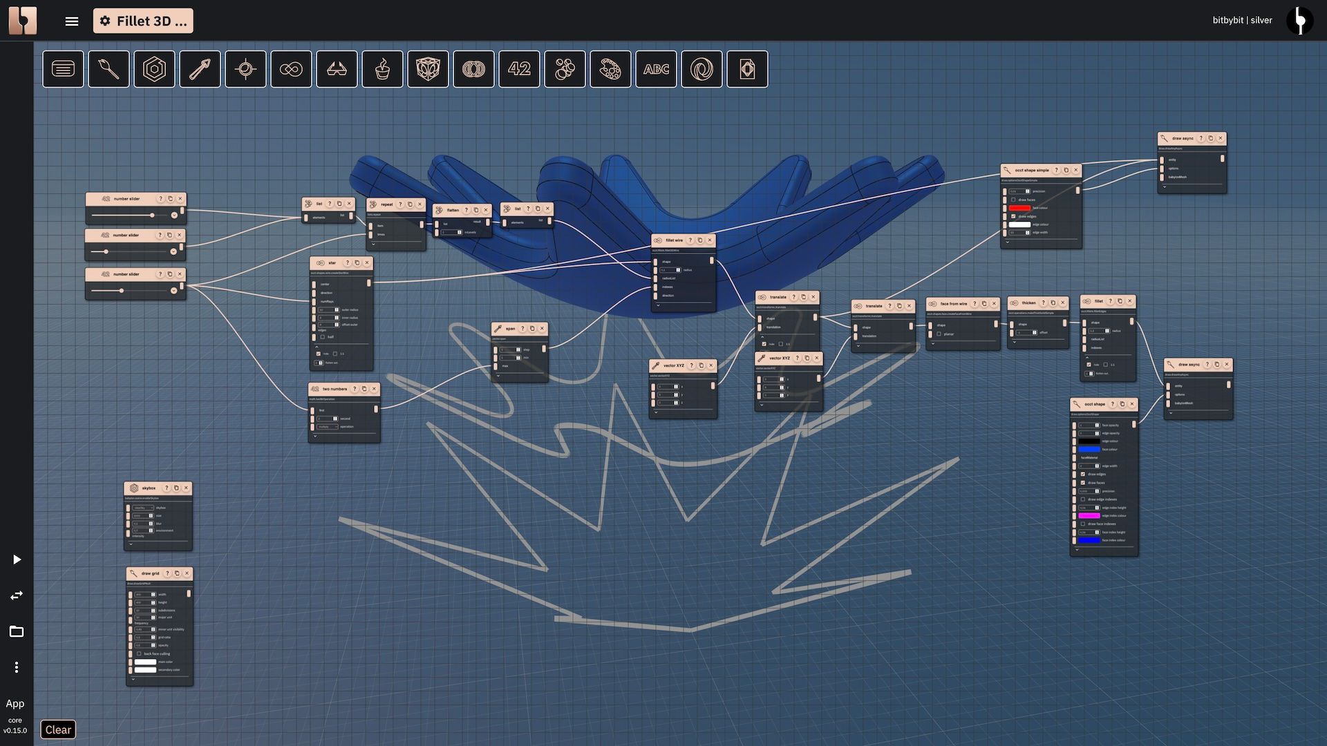 Image showing the Rete code in the live editor with finished geometries