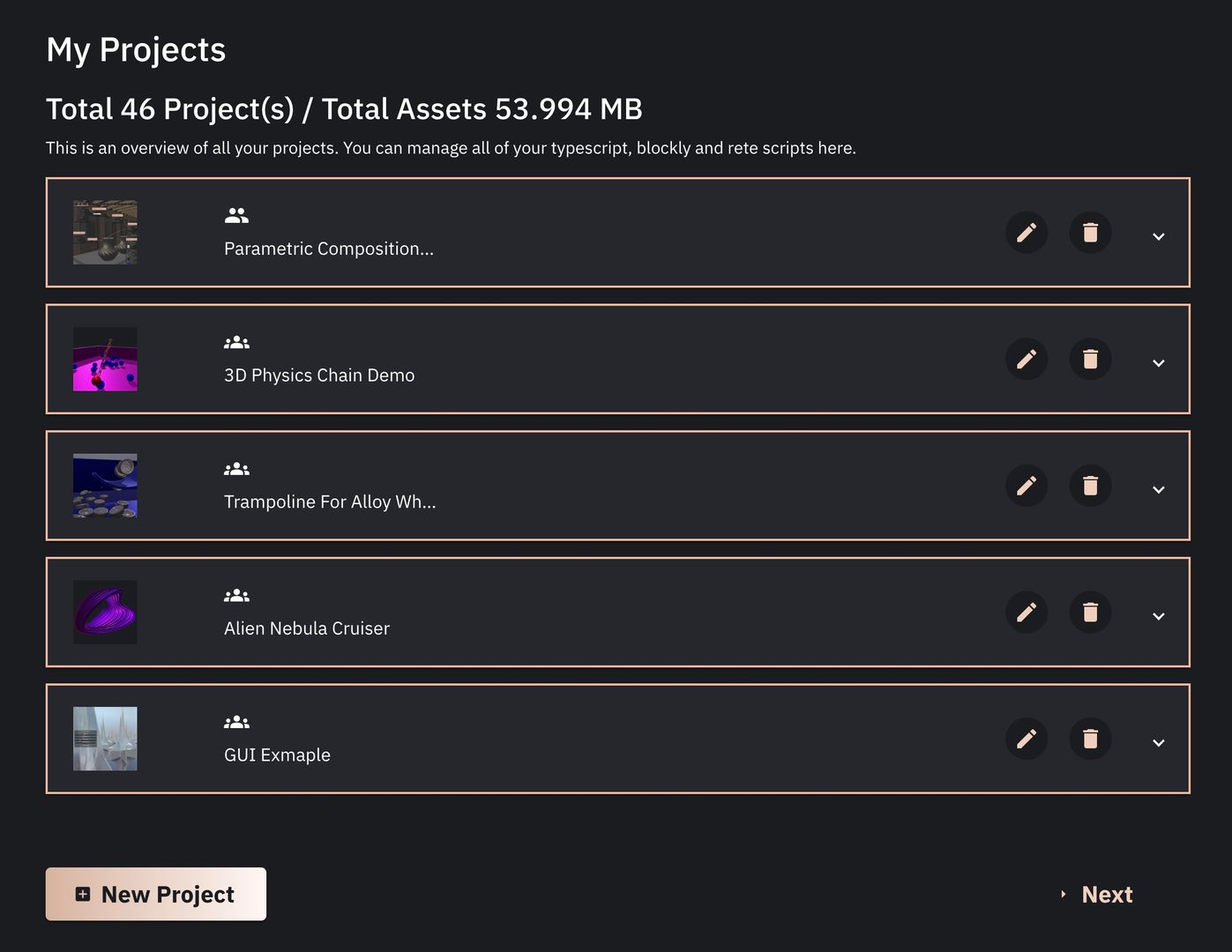 Image showing the overview of your projects and your used quota