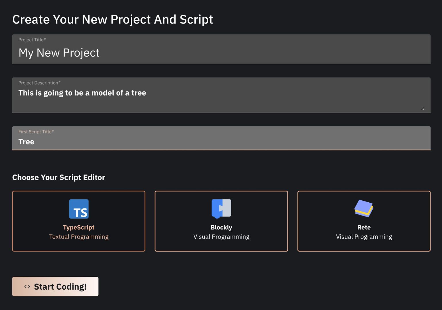 Image showing the form for creating a new project