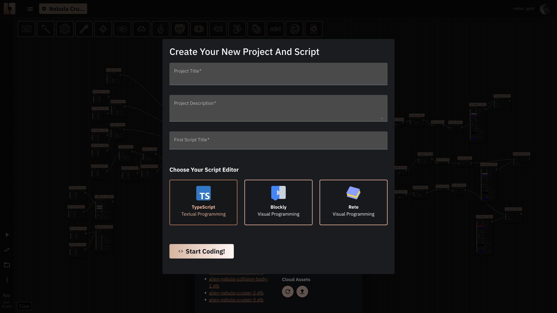 Image showing the new project form inside the editor