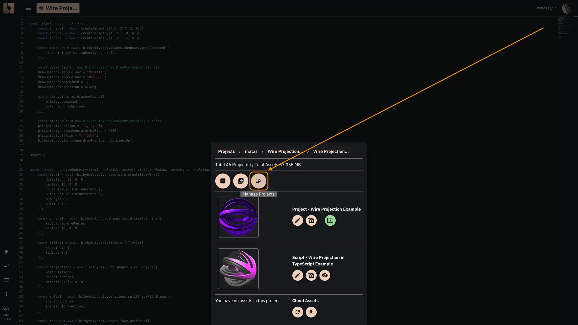 Image showing how to open the project overvie and management page in the editor