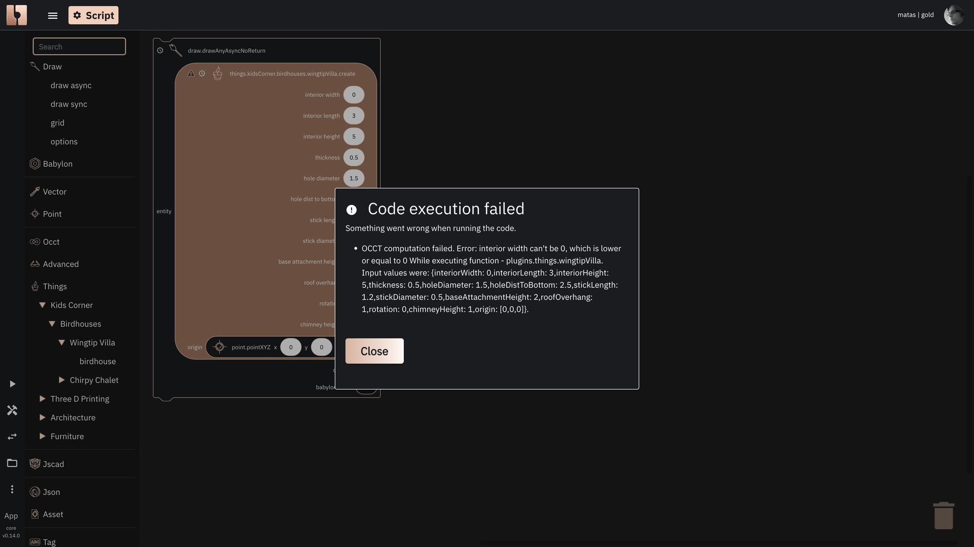 Image showing the example of an error modal containing information about the error that happened in Blockly editor