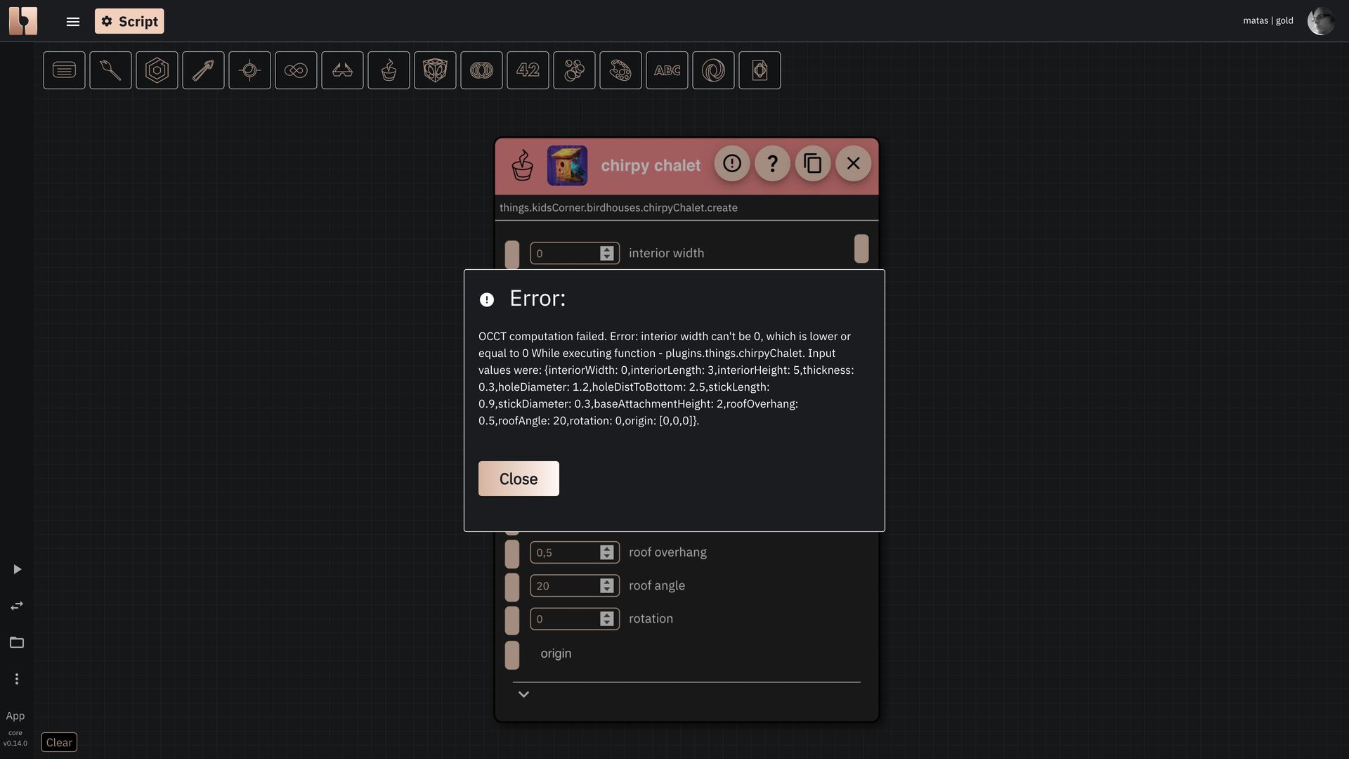 Image showing the example of an error modal containing information about the error that happened in Rete editor