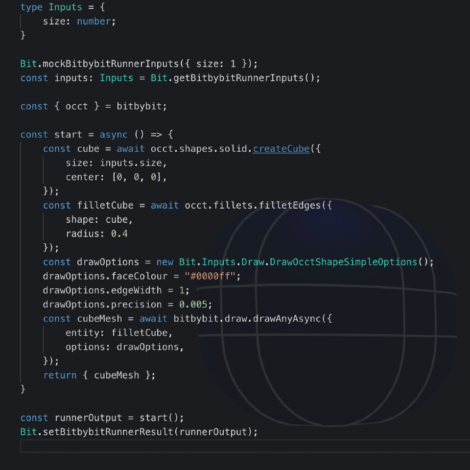 Bitbybit runner cube example in TypeScript script details