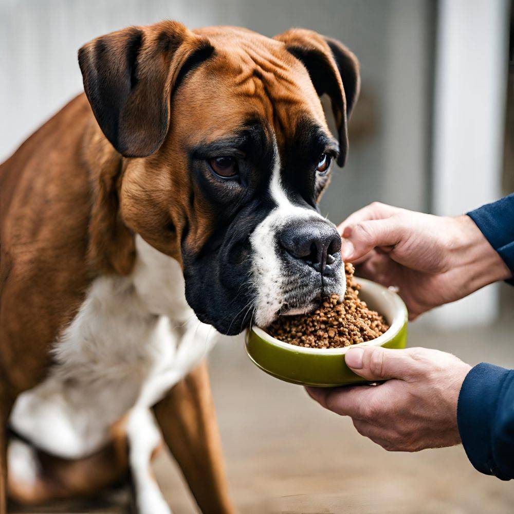 boxer dog eating food from owners hand