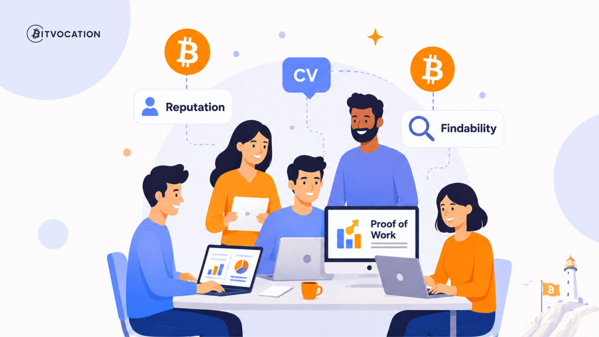 Jobtober challenge illustration showing a Bitcoin career team working on reputation, CV, findability, and proof of work