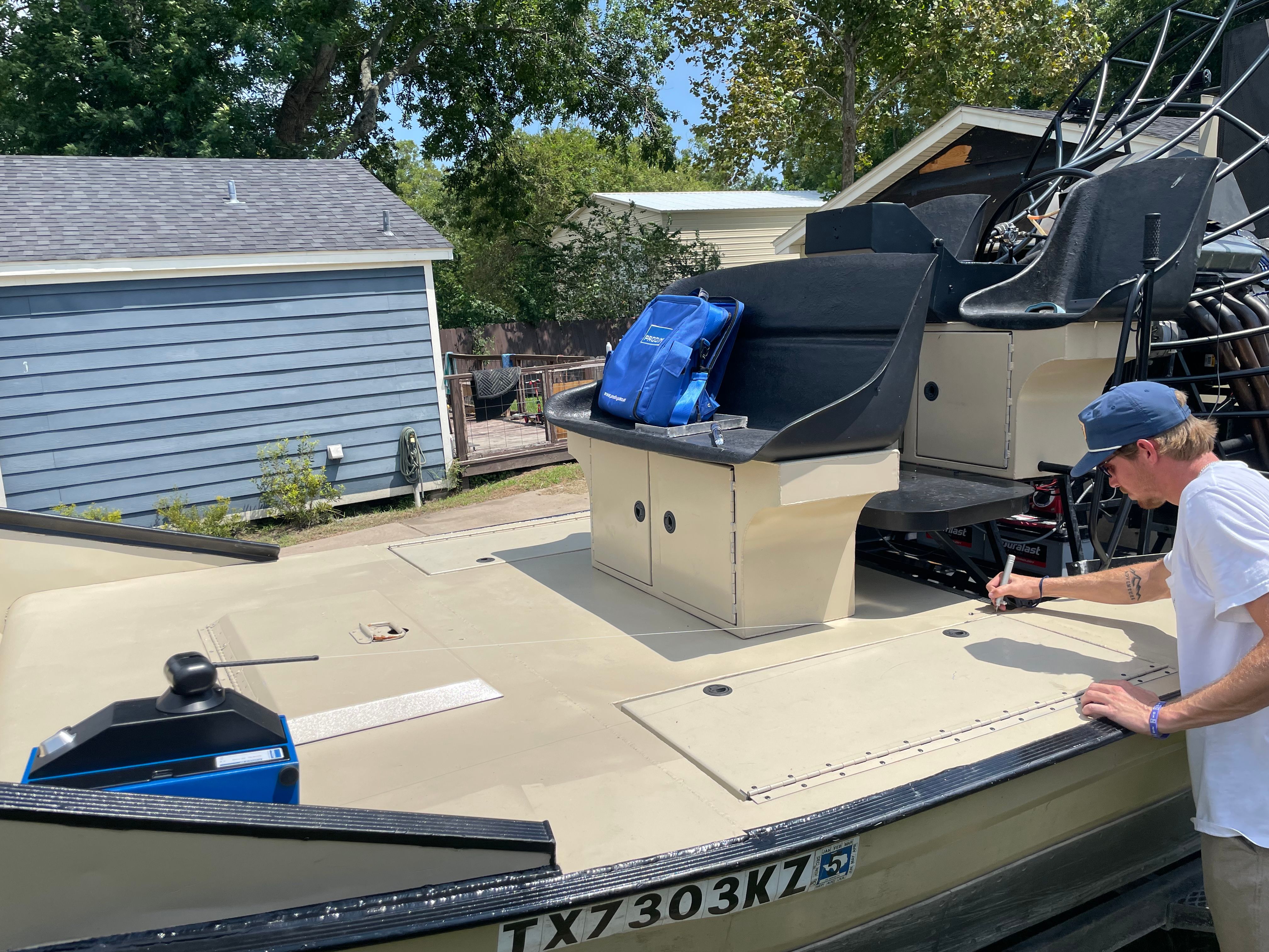 Prodim templating on airboat deck — precision measurement for custom flooring