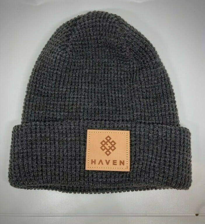 Charcoal Leather Beanie by haven merch at Haven