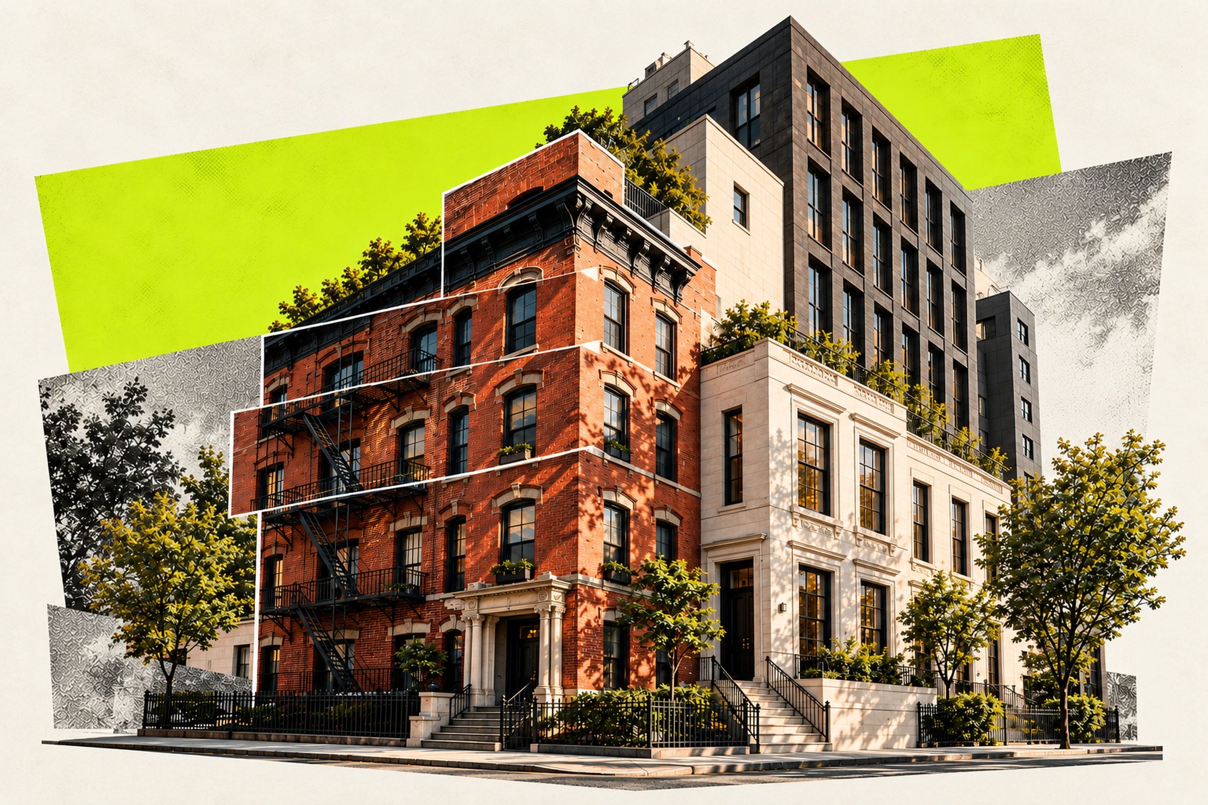Editorial collage of American brick apartments, a cream townhouse and a modern office building against cream and lime paper.