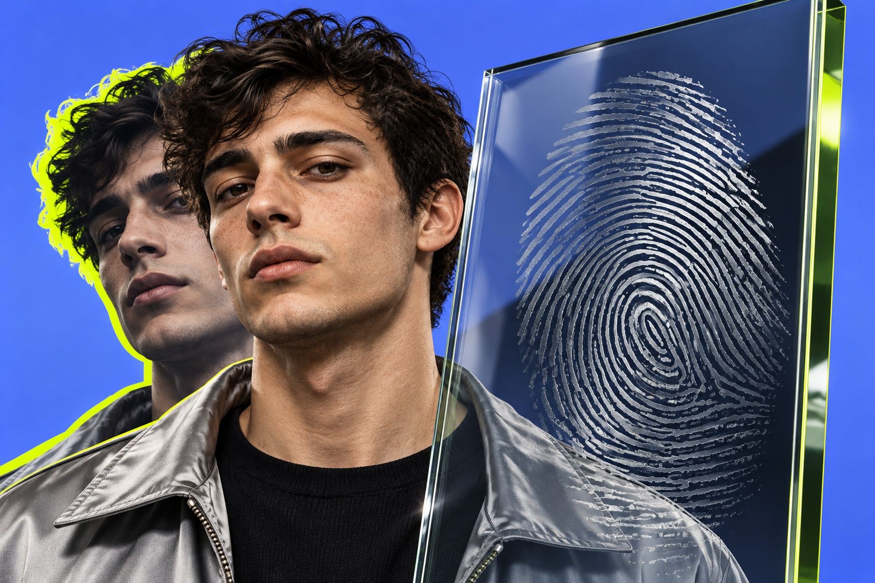 Editorial collage of a man and his duplicate beside a glass panel etched with a fingerprint, against a blue background.