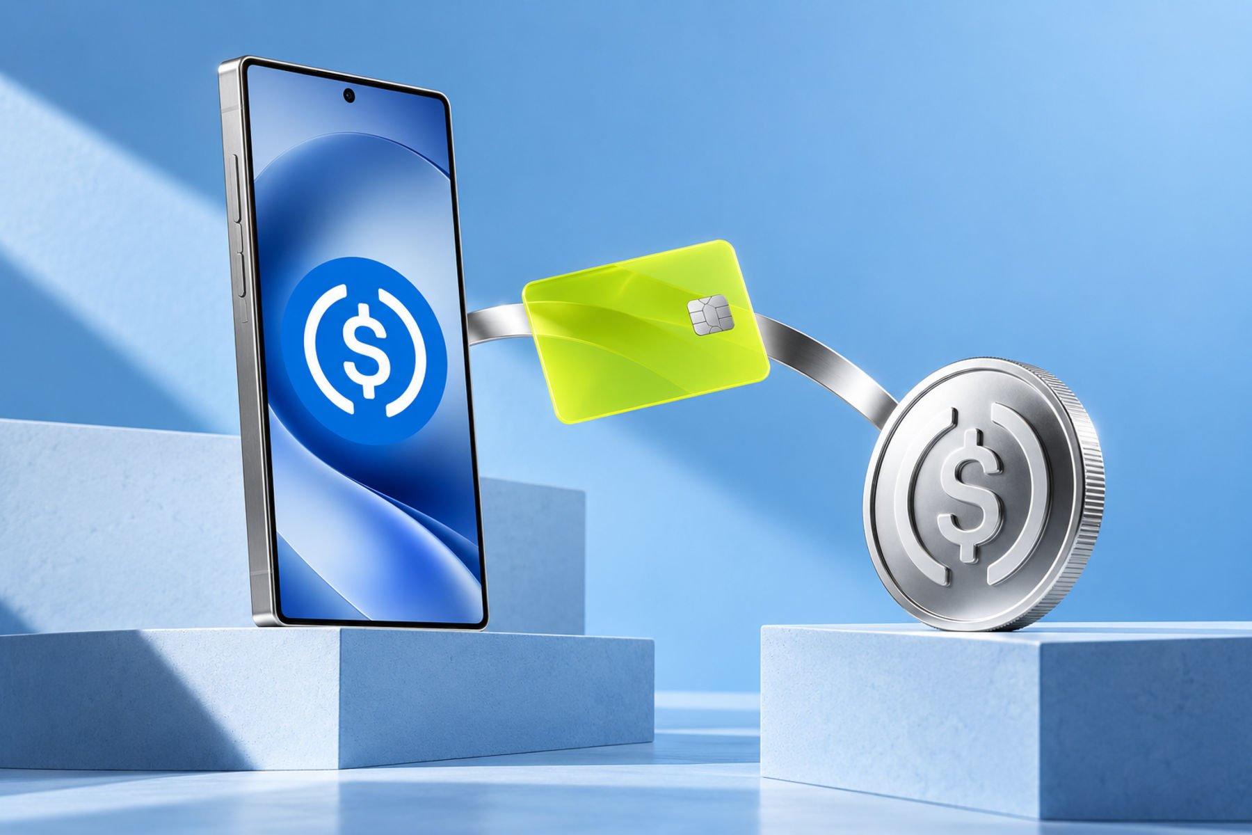 Editorial product illustration of a Galaxy-style phone, USDC symbol, silver dollar coin and lime payment card