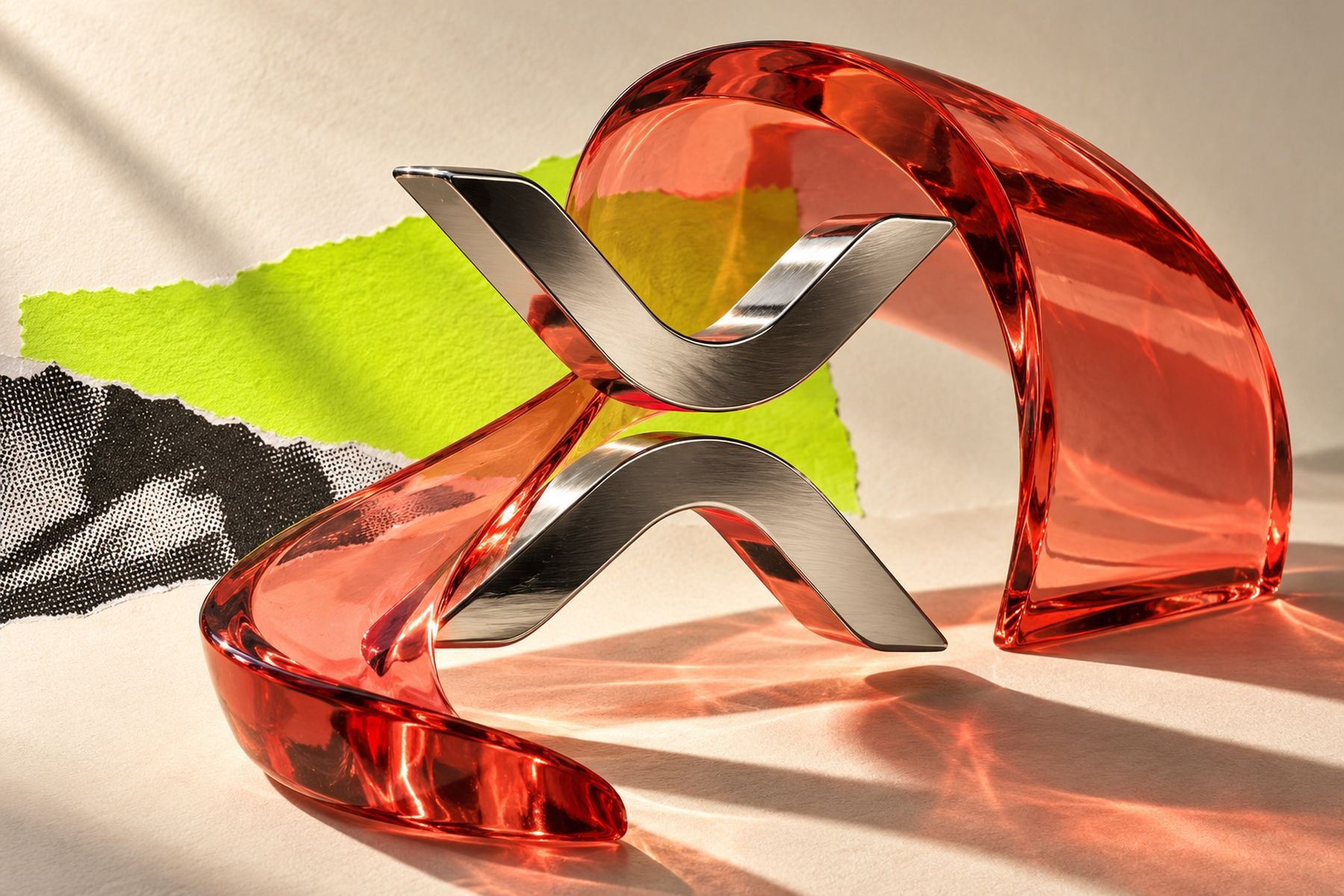 Chrome XRP symbol framed by coral-red glass with acid-lime and black-and-white collage accents.