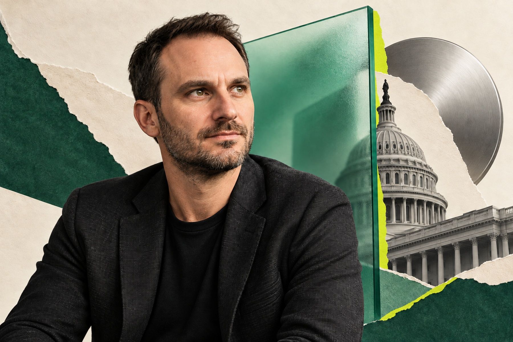 Generated editorial portrait of Paolo Ardoino with emerald glass, lime paper accents and the U.S. Capitol.