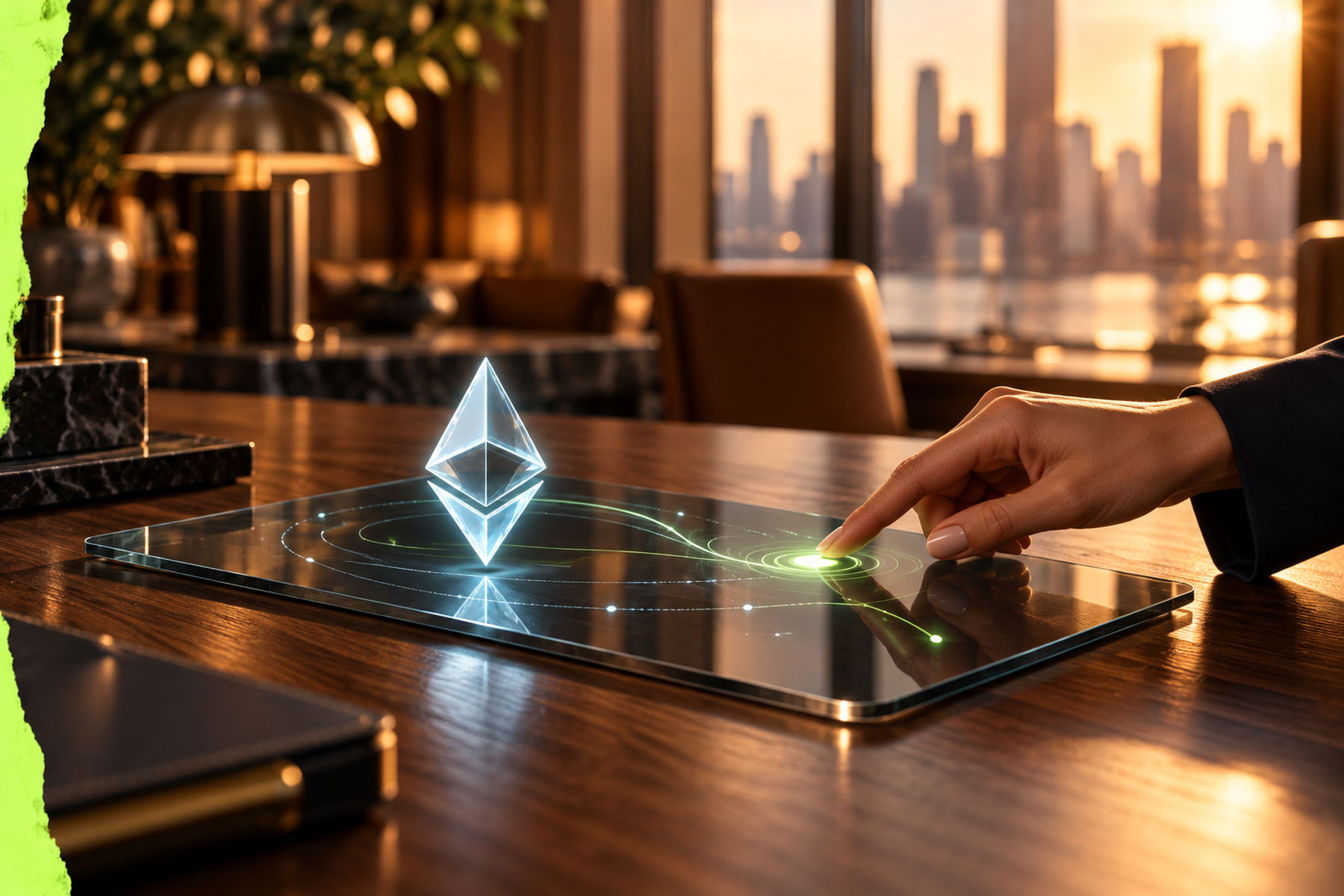 Hand interacting with a glass digital settlement panel and illuminated Ethereum symbol in a warmly lit Manhattan office.