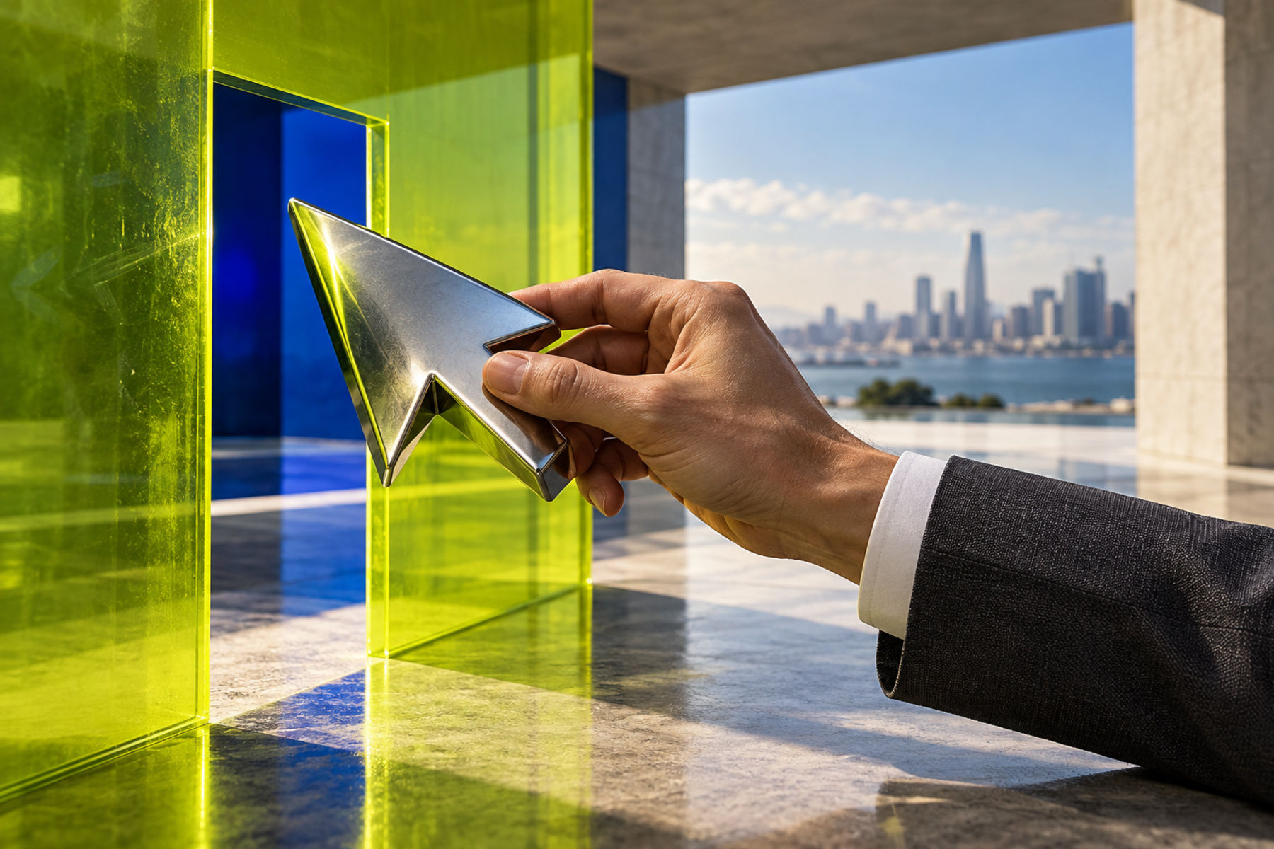 A human hand holds a chrome cursor at an acid-lime glass barrier, illustrating control over autonomous software.