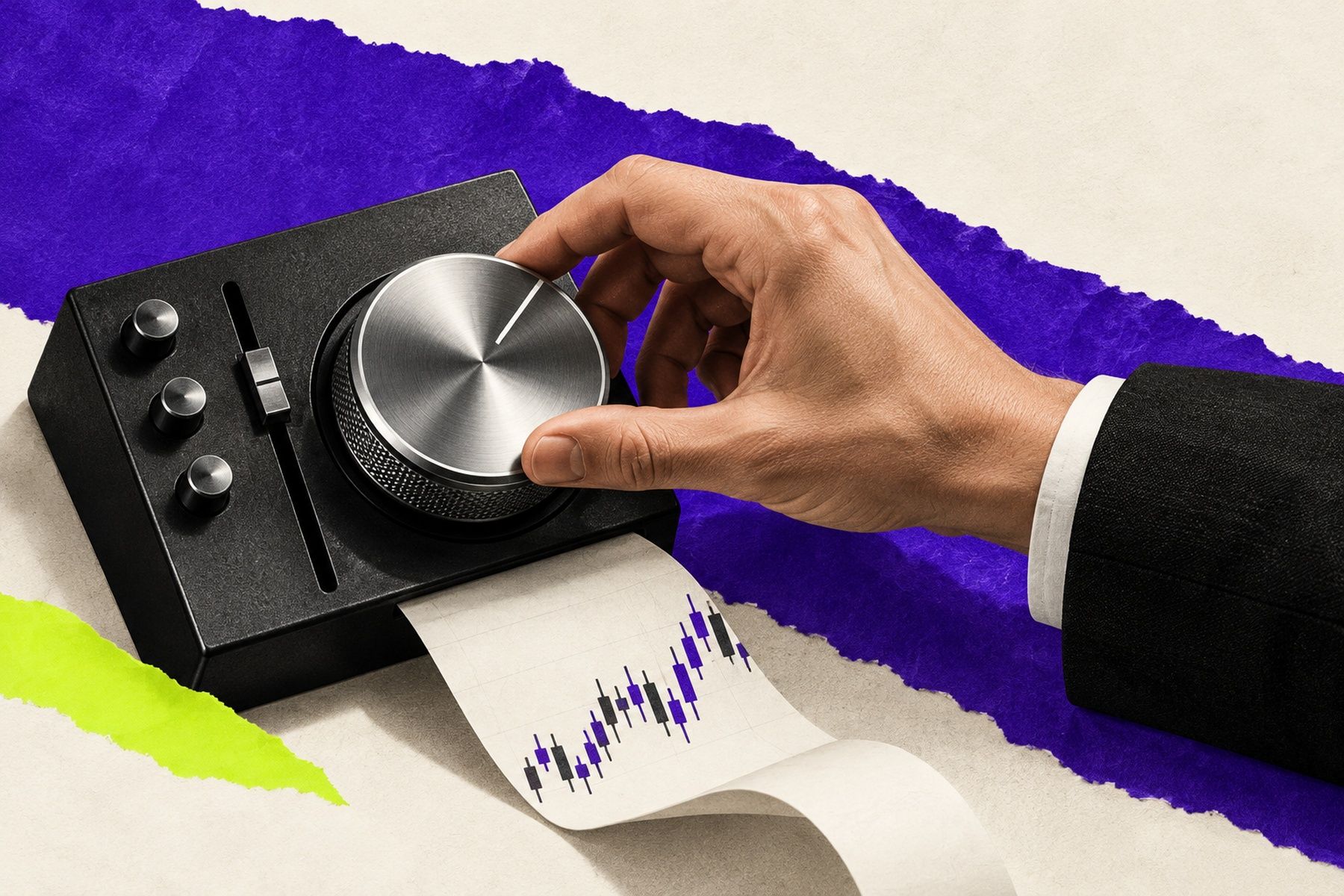 Editorial collage of a hand turning a silver dial, market chart paper and purple torn-paper accents.