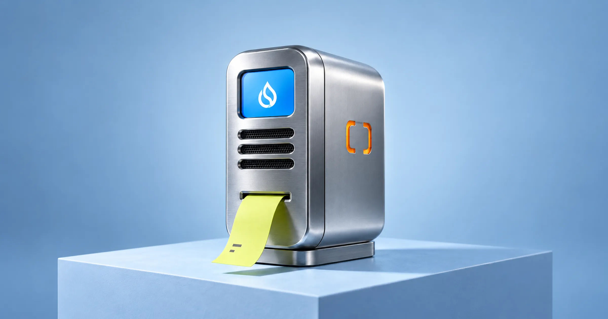 Silver computing terminal with Sui-inspired blue screen, orange Alibaba motif and lime receipt against a cool blue background.