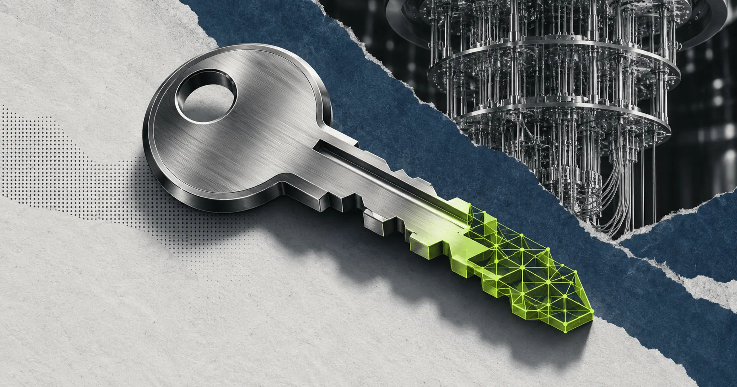 Editorial collage of a silver key transforming into a lime lattice beside a quantum computer, against torn blue and cream paper.