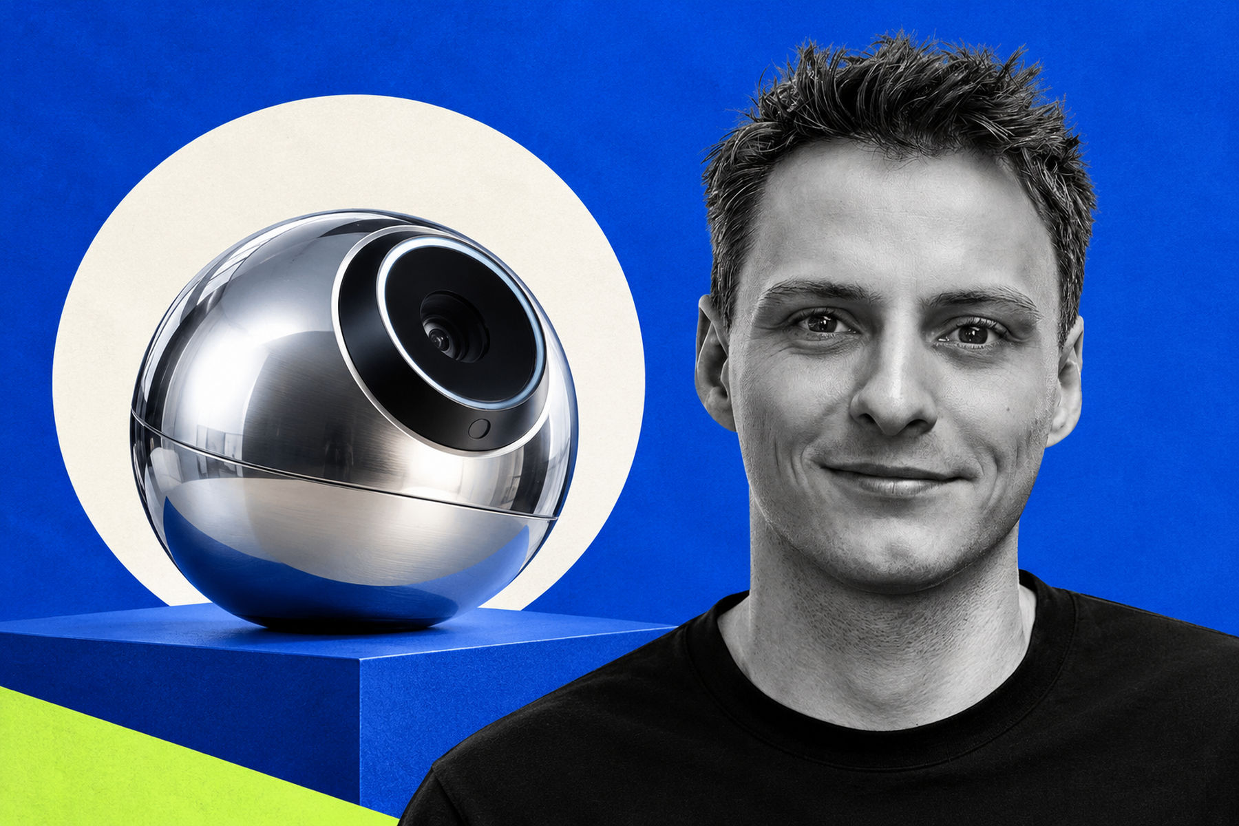 Editorial portrait of World co-founder Alex Blania beside a silver Orb against a cobalt-blue background.