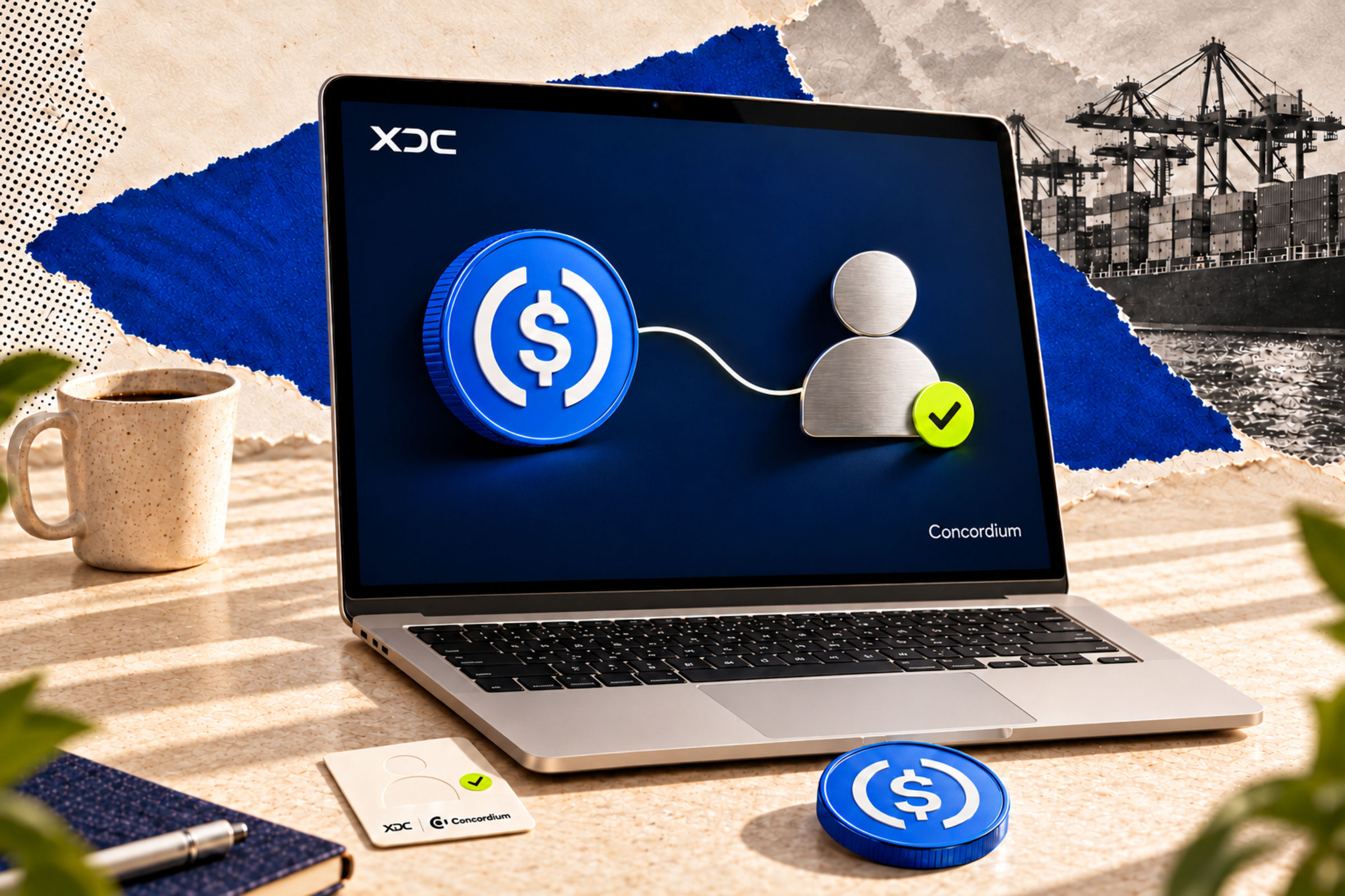 Conceptual illustration of XDC agent payments and Concordium identity verification on a laptop beside a USDC token.
