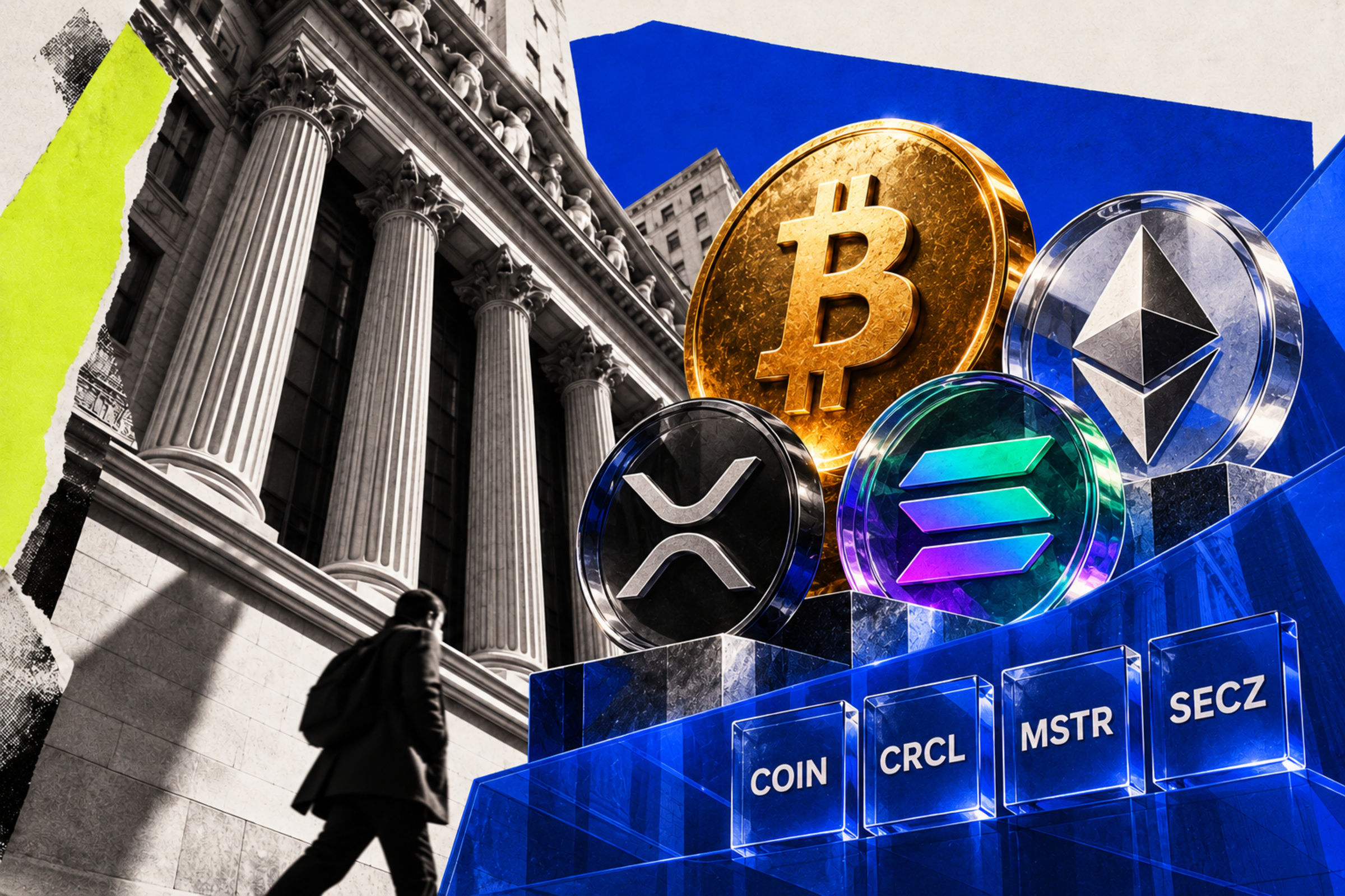 Bitcoin, Ethereum, XRP and Solana symbols with COIN, CRCL, MSTR and SECZ stock tiles beside a bank facade.
