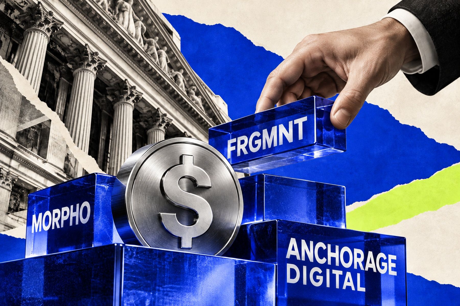 Editorial collage of blue glass blocks labeled Frgmnt, Morpho and Anchorage Digital beside a silver dollar symbol and classical banking architecture.