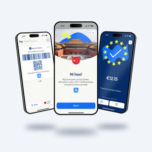 Bluecode app showing a welcome to China screen, a QR code and a payment confirmation in euro