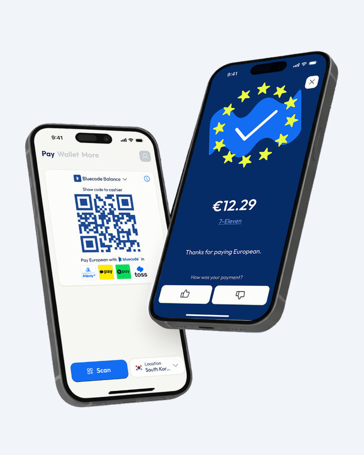 Zwei Smartphones mit Bluecode Screens: QR-Code und Partnernetzwerke in Südkorea sowie Erfolgsanzeige nach einer Zahlung.