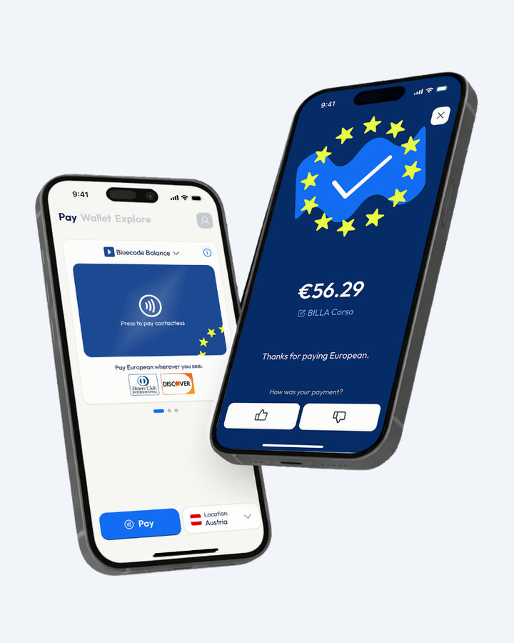Zwei Smartphones mit Bildschirmen der Bluecode App. Eines zeigt den Zahlungsbildschirm mit NFC-Karte, das andere den Erfolgsbildschirm nach der Zahlung.