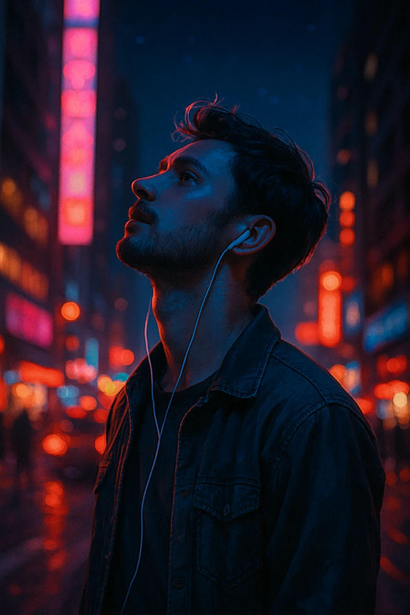 Adam Levine의 'Lost Stars' 분위기처럼, 밤의 도시 속 네온사인과 이어폰을 낀 남성의 모습이 감성적인 분위기를 자아내며, 깊은 사색에 잠긴 듯한 표정이 인상적입니다.