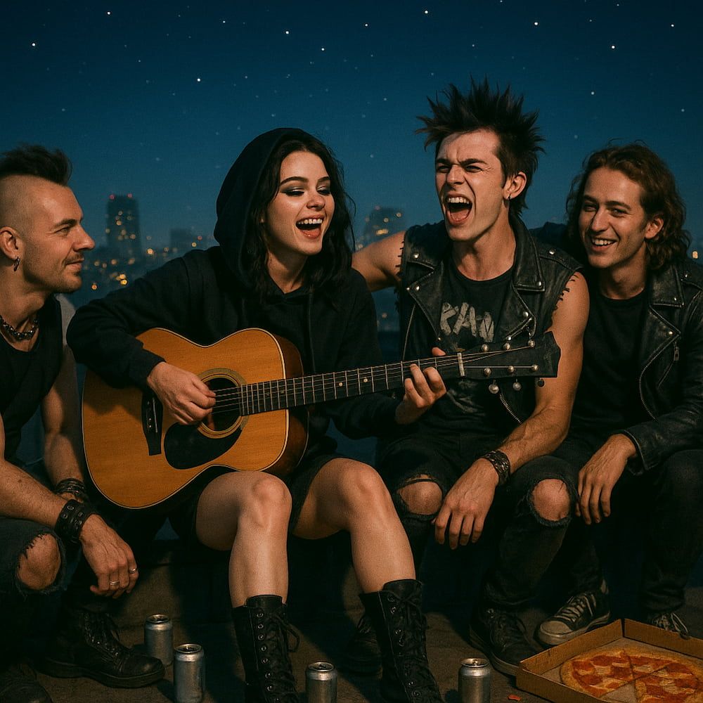 A nighttime moment capturing a young man and woman playing guitar and singing together, radiating the raw, carefree spirit of 'Young & Dumb'