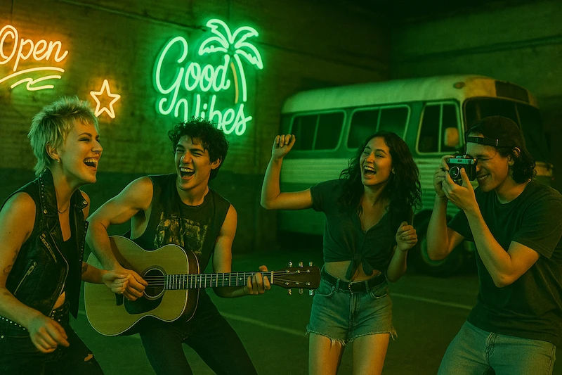 Under glowing neon lights, a group of young people laugh and play guitar, capturing the upbeat and free-spirited energy of “Young & Dumb”