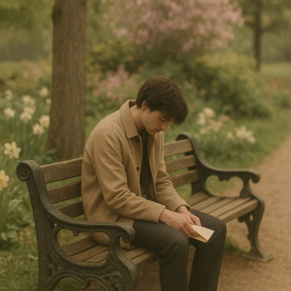 Bruno Major의 'Regent Park' 분위기를 반영한 사진으로, 공원의 벤치에 앉아 편지를 들고 있는 남자의 쓸쓸한 모습이 담겨 있다.