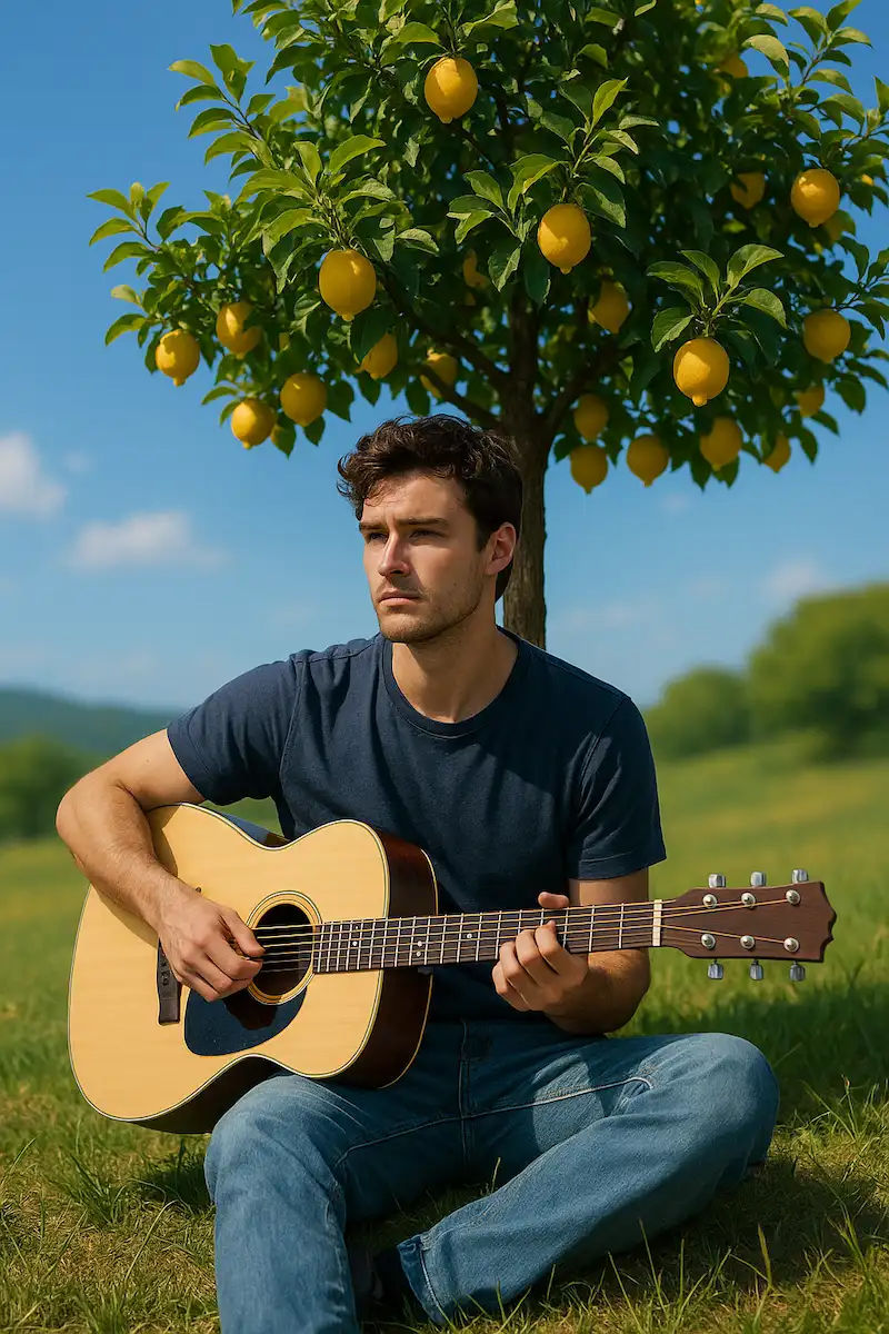 Fool's Garden의 'Lemon Tree' 분위기를 담은 거리 풍경 속, 레몬나무 옆에서 장미를 든 남성의 감성적인 장면