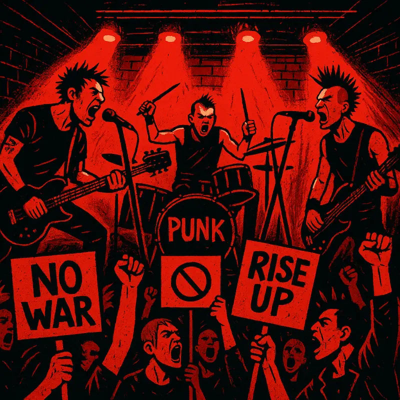 강렬한 조명 아래 연주하는 펑크 록 밴드와 'NO WAR'를 외치는 시위대의 모습은, Green Day처럼 신나는 록으로 저항의 메시지를 전하는 음악을 상징합니다.