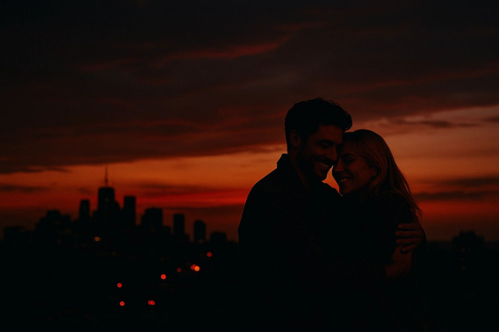 ‘Die With A Smile’의 감정을 그대로 옮겨놓은 듯한 이 장면은, 도시의 저녁 노을 아래 서로를 꼭 안은 연인의 따뜻한 포옹을 보여줍니다.