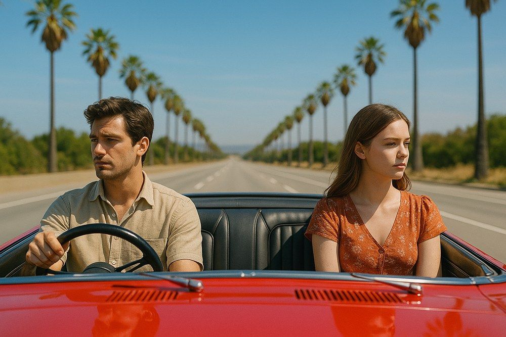 마룬5의 'California'를 연상시키는 로드 무비 감성의 한 장면, 오픈카에 타고 어딘가를 응시하는 두 사람