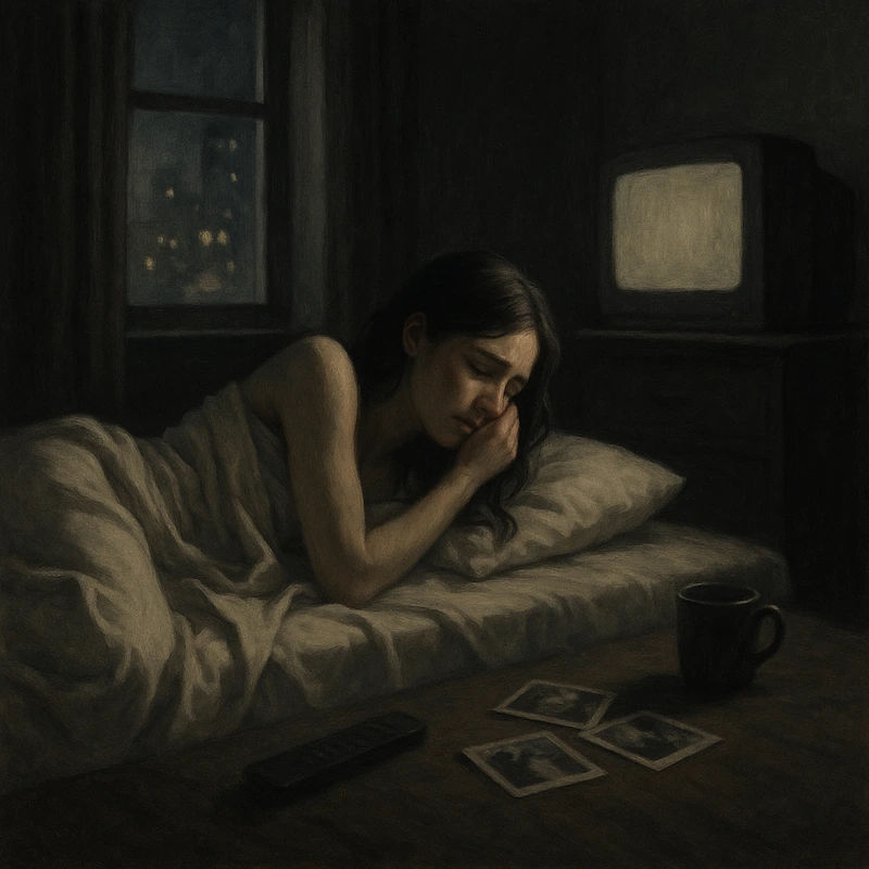 마일리 사이러스의 'More to Lose'가 표현한 이별의 공허함과 그리움을, 침대에 앉아 과거를 되새기는 여성의 모습으로 표현한 이미지입니다.
