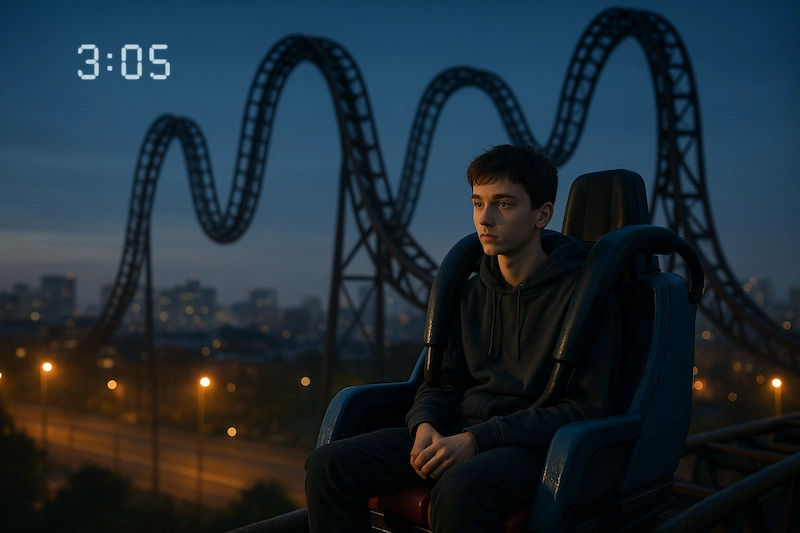 ‘305’ 가사에서 언급된 감정의 롤러코스터를 그대로 시각화한 듯, 롤러코스터에 혼자 앉아있는 소년은 불안한 마음을 상징적으로 드러냅니다.