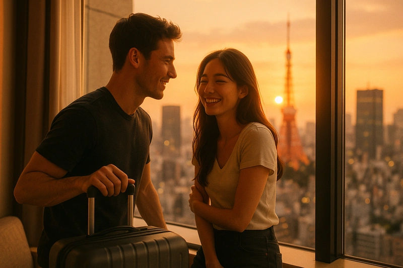 Shawn Mendes의 'Lost in Japan'을 연상시키는 도시의 황혼 속, 연인이 호텔 창가에서 함께 미소 짓고 있는 장면은 이 곡의 따뜻하고 로맨틱한 감정을 시각적으로 담아냅니다.