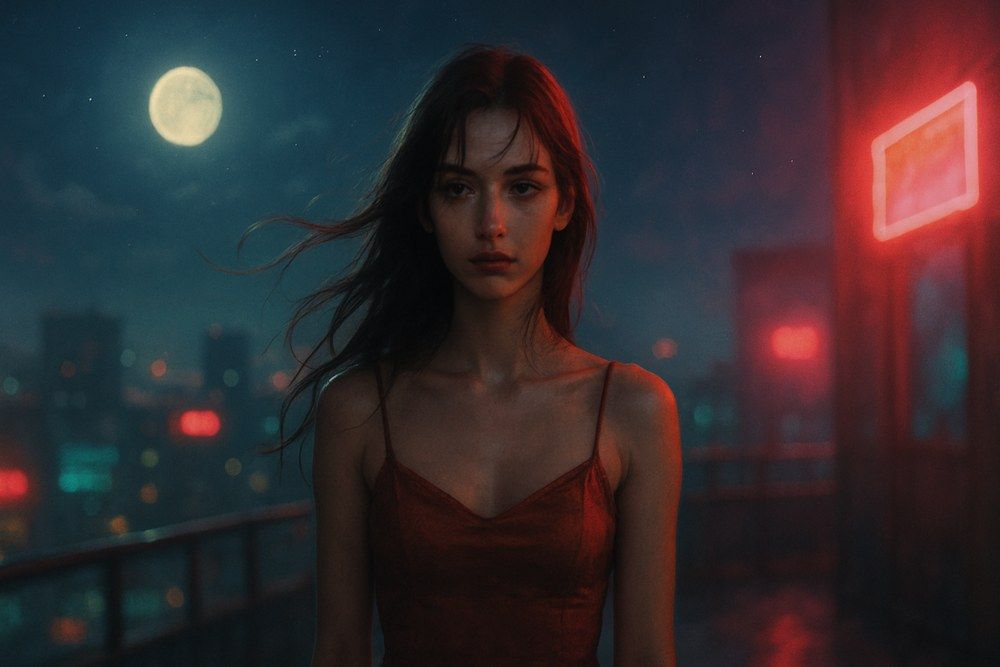 한밤중 도시의 옥상 위에서 적막한 얼굴로 서 있는 여성의 모습은, Taylor Swift의 'Cruel Summer'가 담고 있는 감정적 소용돌이와 열기를 시각적으로 표현한 장면입니다.