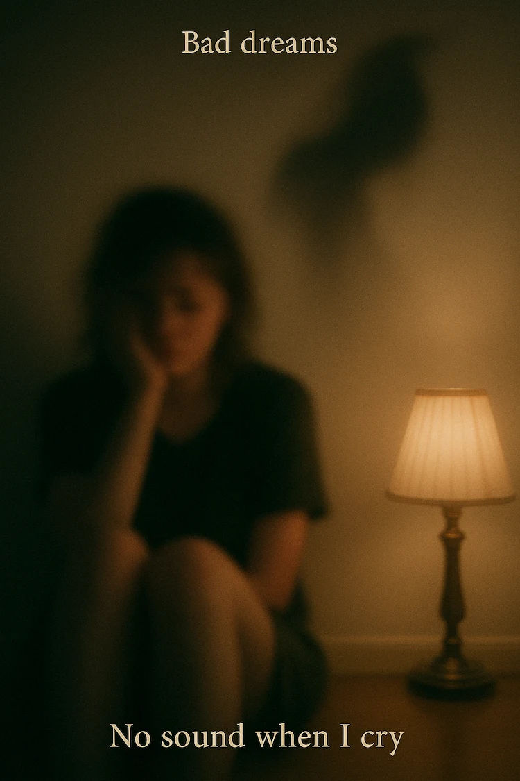 Teddy Swims의 'Bad Dreams'에서 영감을 받은 장면, 흐릿한 소녀와 'No sound when I cry'라는 문구가 있는 이미지