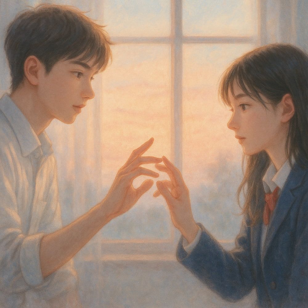 창가에서 서로의 손끝을 맞대며 조심스럽게 감정을 나누는 두 사람의 모습이 인상적인 그림으로, tuki의 곡 'Damashiai'가 담아낸 불안한 신뢰 속 사랑의 시작을 떠올리게 한다.